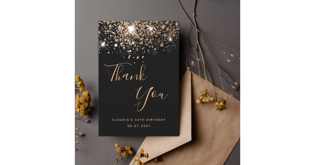 Black gold glitter elegant script birthday thank you card | Zazzle