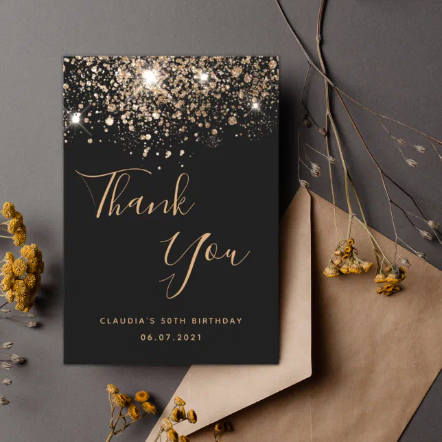 Black gold glitter elegant script birthday thank you card | Zazzle