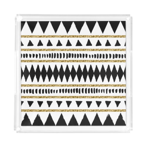 Black Gold Glitter Ethnic Pattern Acrylic Tray