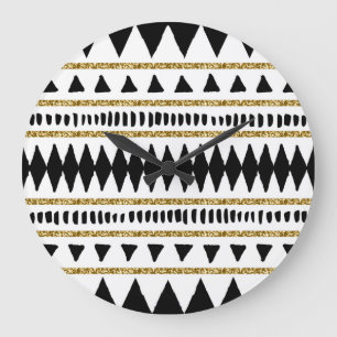 Black Gold Glitter Ethnic Pattern Large Clock