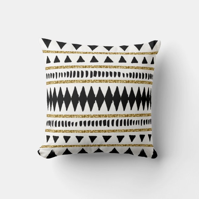 Black Gold Glitter Ethnic Pattern Throw Pillow (Front)
