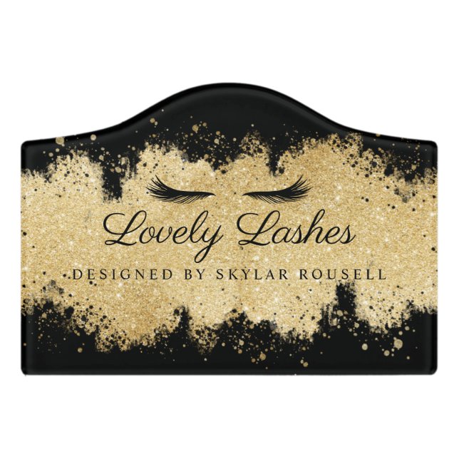Black & Gold Glitter Eyelash Beauty Salon Logo Door Sign (Small Crest Front)