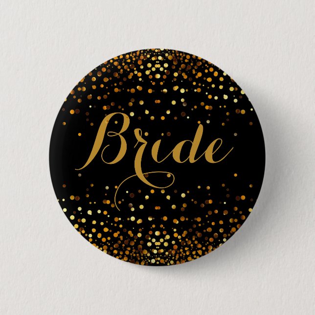 Black Gold Glitter Faux Foil Confetti Dot Bride Pinback Button (Front)