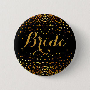 Black Gold Glitter Faux Foil Confetti Dot Bride Pinback Button