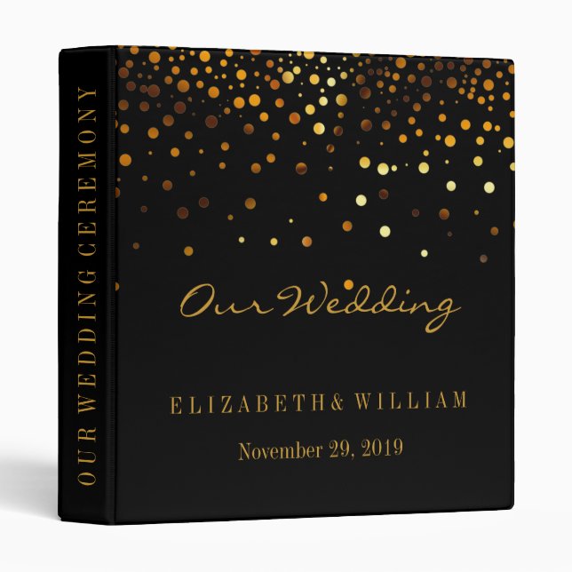 Black Gold Glitter Faux Foil Confetti Personalize 3 Ring Binder (Front/Spine)