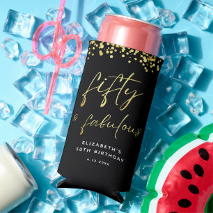 Black Gold Glitter Fifty and Fabulous Birthday Sel Seltzer Can Cooler