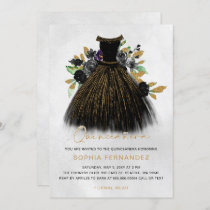 Black Gold Glitter Floral Dress Quinceañera Invitation