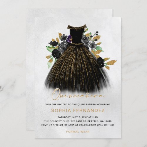 Black Gold Glitter Floral Dress Quinceaera Invitation