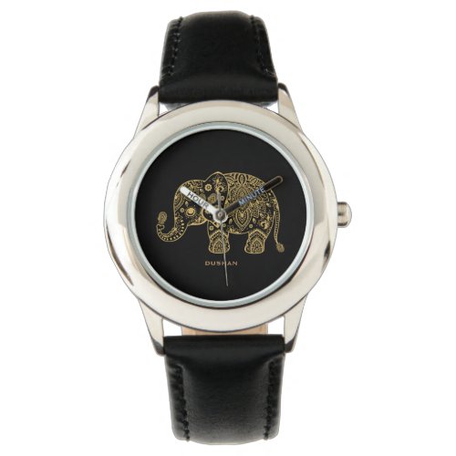 Black  Gold Glitter Floral Elephant Illustration Watch