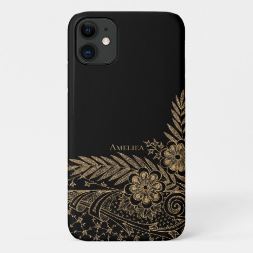 Black Gold Glitter Floral Glam Name Case_Mate iPho iPhone 11 Case