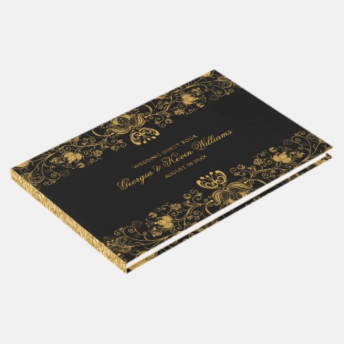 Black  Gold Glitter Floral Lace Border Guest Book