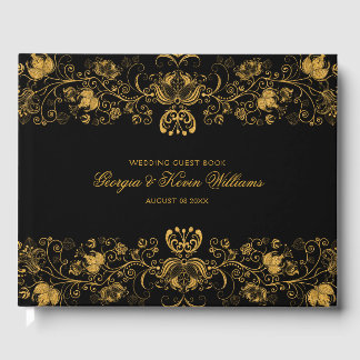 Black & Gold Glitter Floral Lace Border Guest Book