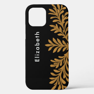Black Gold Glitter Floral Leaves Custom Name Perso iPhone 12 Pro Case