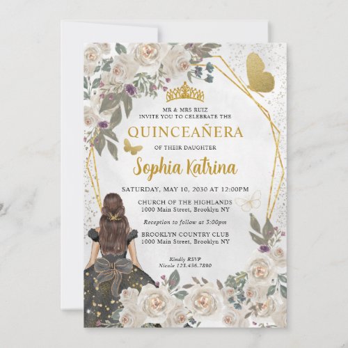 Black Gold Glitter Floral Princess Quinceaera Invitation