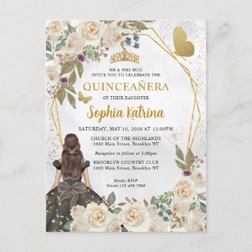 Black Gold Glitter Floral Princess Quinceaera Invitation Postcard