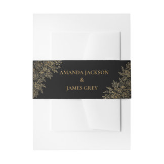 Black Gold Glitter Floral Wedding Invitation Belly Band