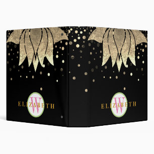 Black Gold Glitter Foil Confetti Mandala Lotus 3 Ring Binder