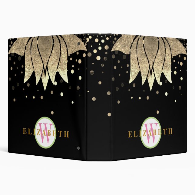 Black Gold Glitter Foil Confetti Mandala Lotus 3 Ring Binder (Background)
