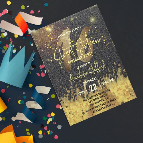 Black Gold Glitter Foil Sweet Sixteen Birthday Invitation