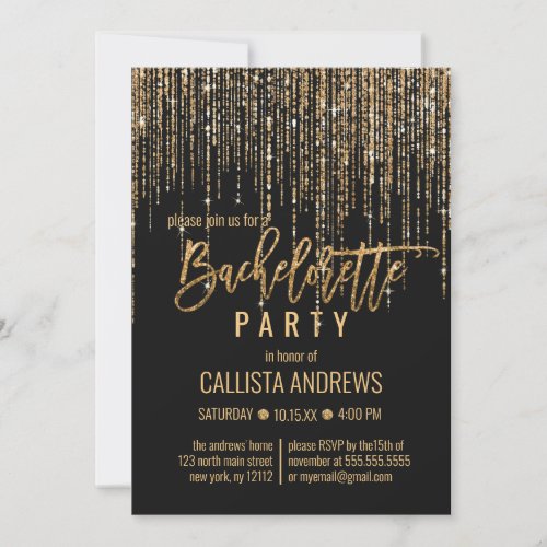 Black Gold Glitter Fringe Curtain Bachelorette Invitation