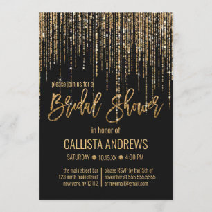 Black Gold Glitter Fringe Curtain Bridal Shower Invitation