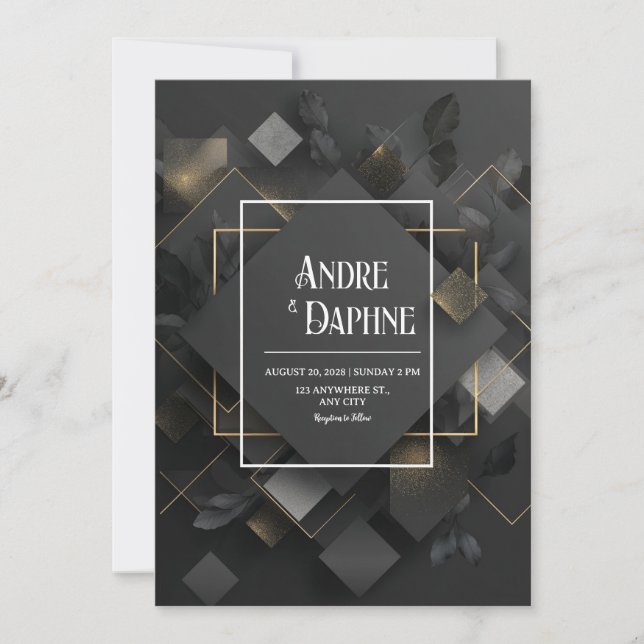 Black Gold Glitter Geometric Diamond Layered Invitation (Front)
