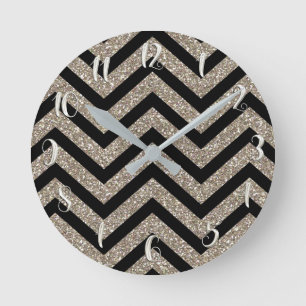 Black & Gold Glitter Girly Glam Glamour Chevron Round Clock