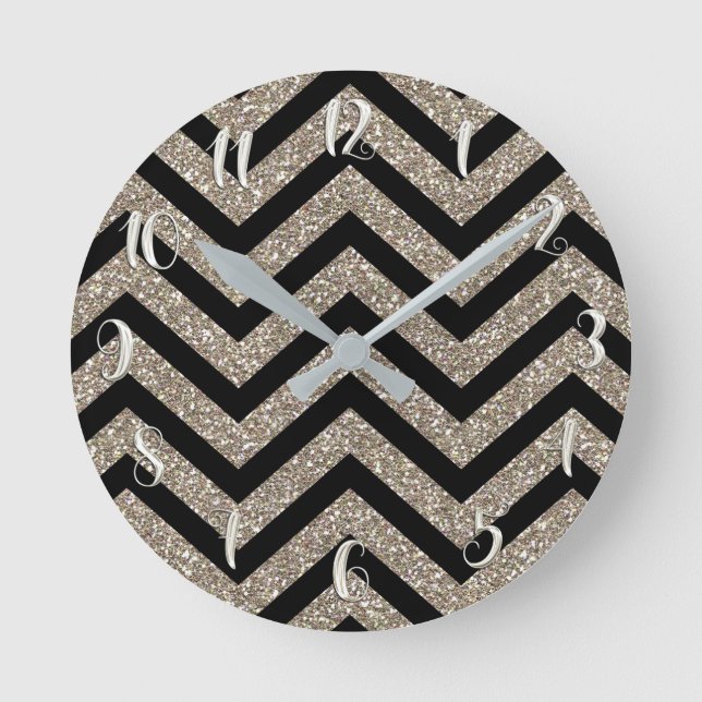 Black & Gold Glitter Girly Glam Glamour Chevron Round Clock (Front)