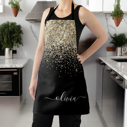 Black Gold Glitter Girly Monogram Name Apron