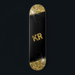 Black Gold Glitter Girly Monogram Skateboard<br><div class="desc">Black and Gold Glitter Personalized Skateboard with two custom-printed monogram initials customization with a bold faux sparkle printed artwork with glittery bling perfect as a wall decoration, keepsake, or girly design skateboard to use at the park.</div>