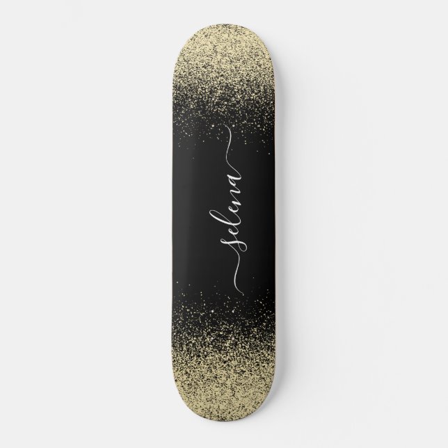 Black Gold Glitter Girly Monogram Skateboard (Front)