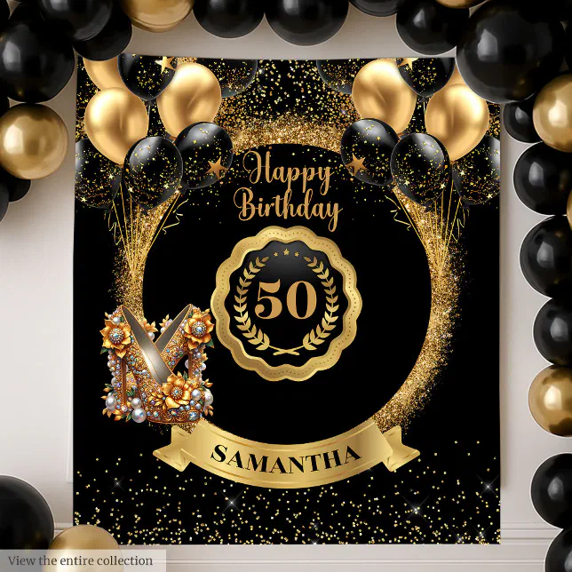 Black Gold Glitter Glam 50th Birthday Backdrop | Zazzle