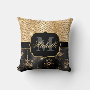 Black & Gold Glitter Glam Chandeliers & Art Deco Throw Pillow