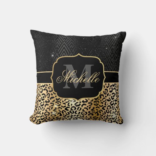 Black  Gold Glitter Glam Leopard Spots  Art Deco Throw Pillow