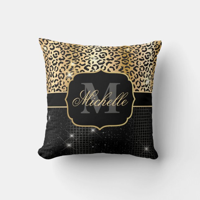 Black & Gold Glitter Glam Leopard Spots & Dots Throw Pillow (Front)
