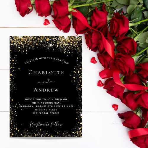 Black gold glitter glamorous wedding invitation postcard