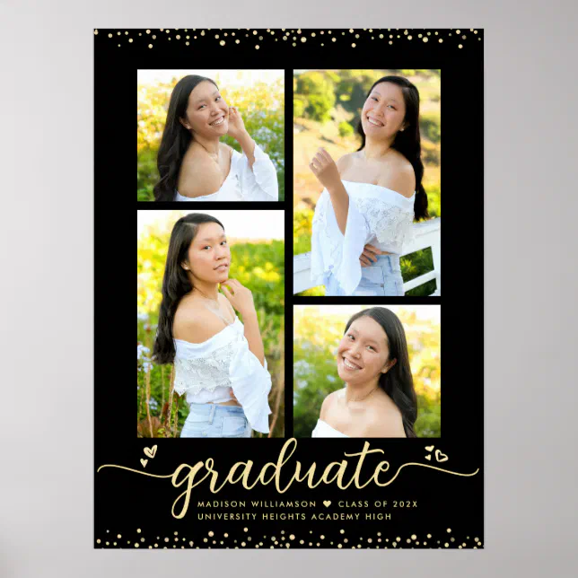 Black Gold Glitter Graduation 4 Photo Script Heart Poster | Zazzle Black Gold Glitter Graduation 4 Photo Script Heart Poster | Zazzle