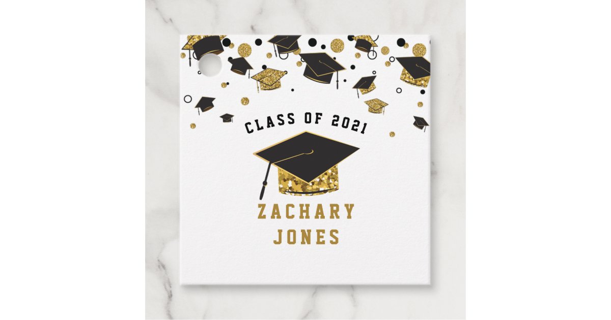 Black & Gold Glitter Graduation Cap Class of 2021 Favor Tags | Zazzle