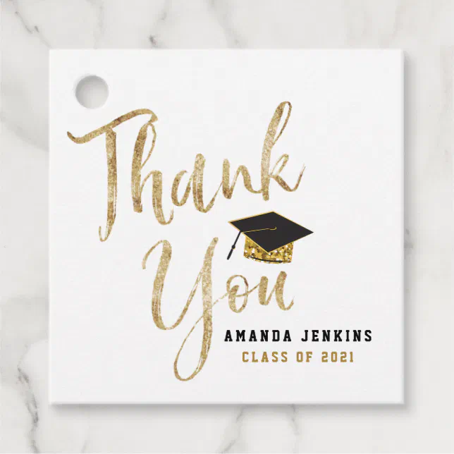 Black & Gold Glitter Graduation Cap Class of 2021 Favor Tags | Zazzle