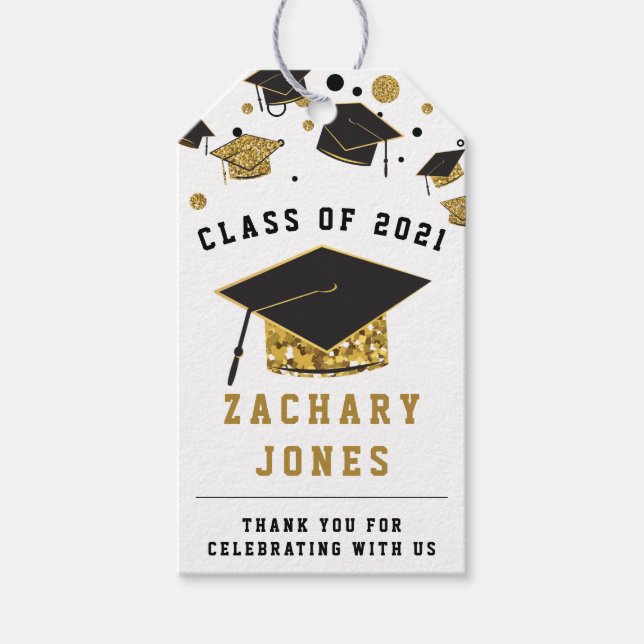 Black & Gold Glitter Graduation Cap  Class of 2021 Gift Tags (Front)