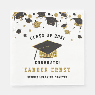 Black & Gold Glitter Graduation Cap Class of 2021 Napkins
