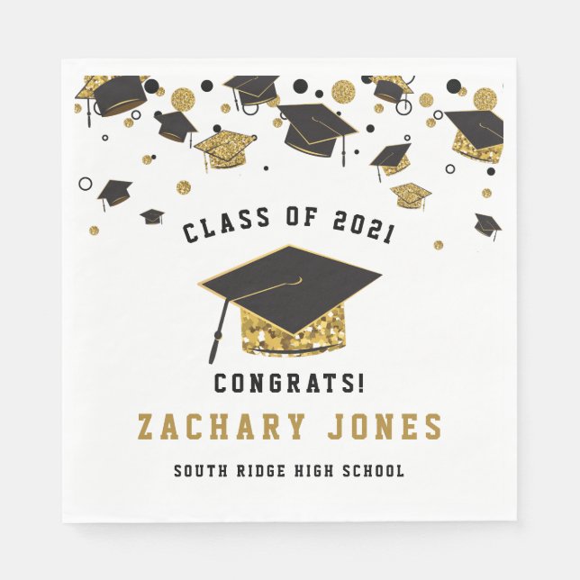 Black & Gold Glitter Graduation Cap  Class of 2021 Napkins (Front)