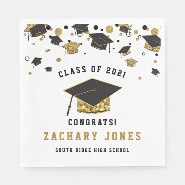Black & Gold Glitter Graduation Cap Class of 2021 Napkins | Zazzle