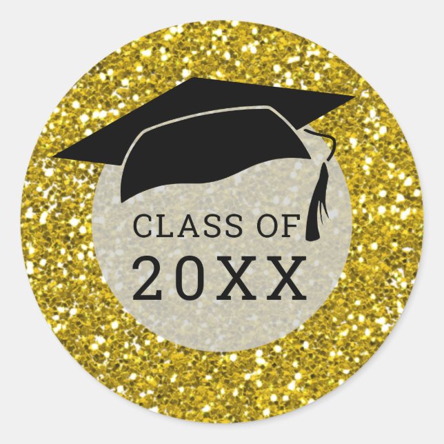 Black  Gold Glitter Graduation Hat Class Of 2022 Classic Round Sticker (Front)