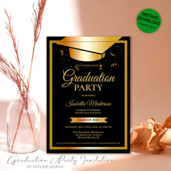 Black Gold Glitter Graduation Party Invitation by Art_Design_by_Mylini at Zazzle