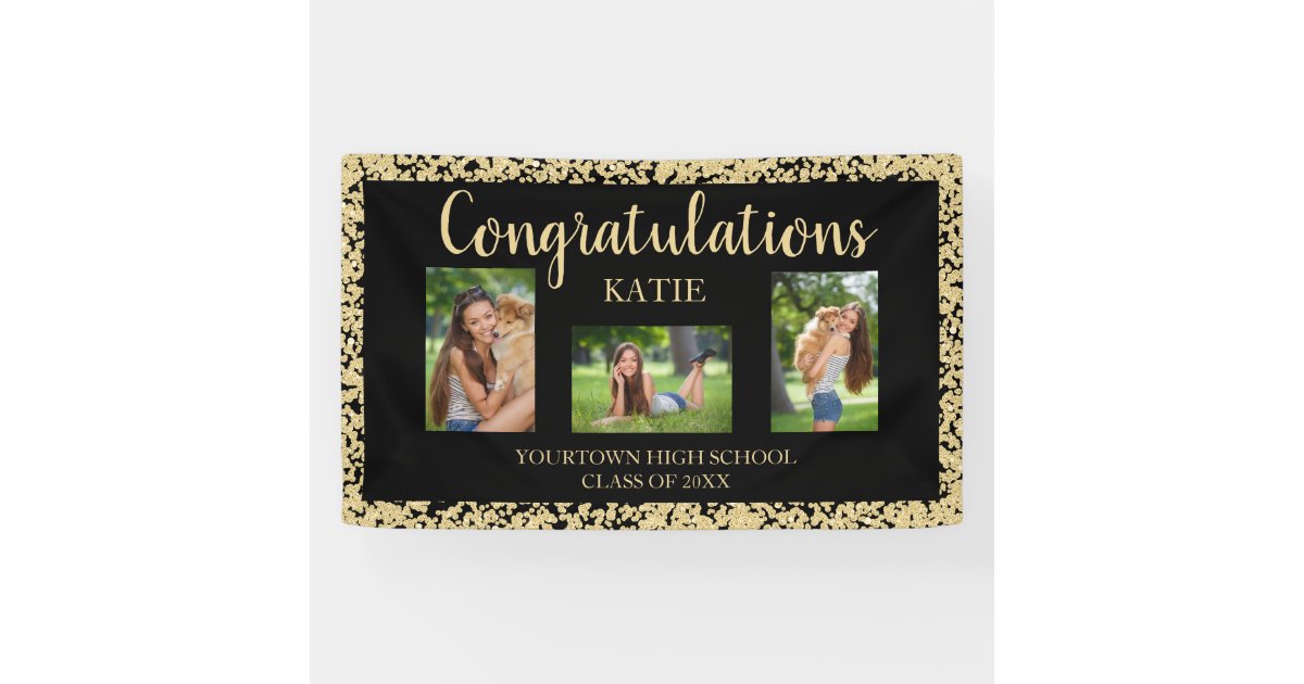 Black Gold Glitter Graduation Party Photo Banner | Zazzle