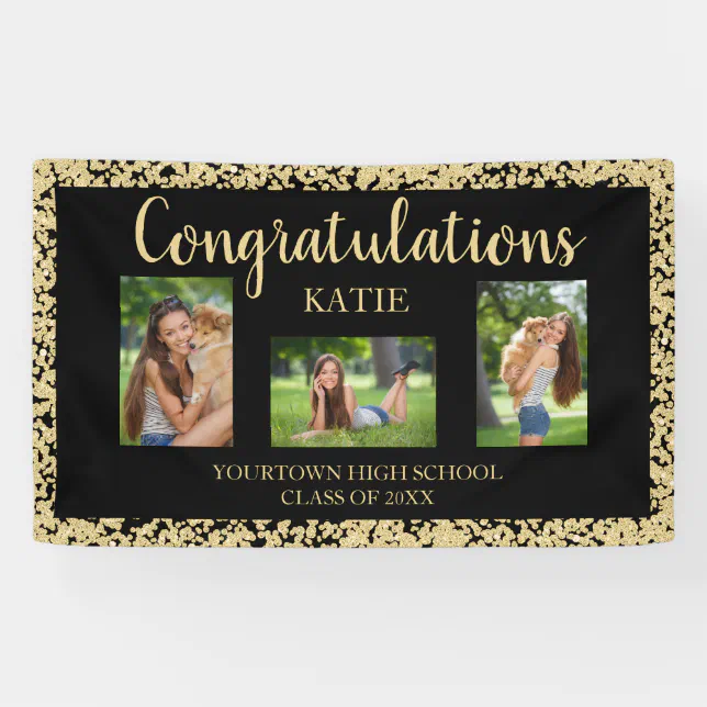 Black Gold Glitter Graduation Party Photo Banner | Zazzle