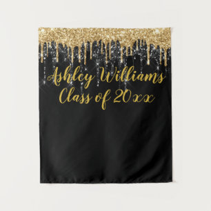 Black Gold Glitter Graduation Party Photo Booth Tapestry