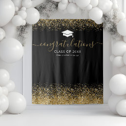 Black Gold Glitter Graduation Photo Booth Tapestry