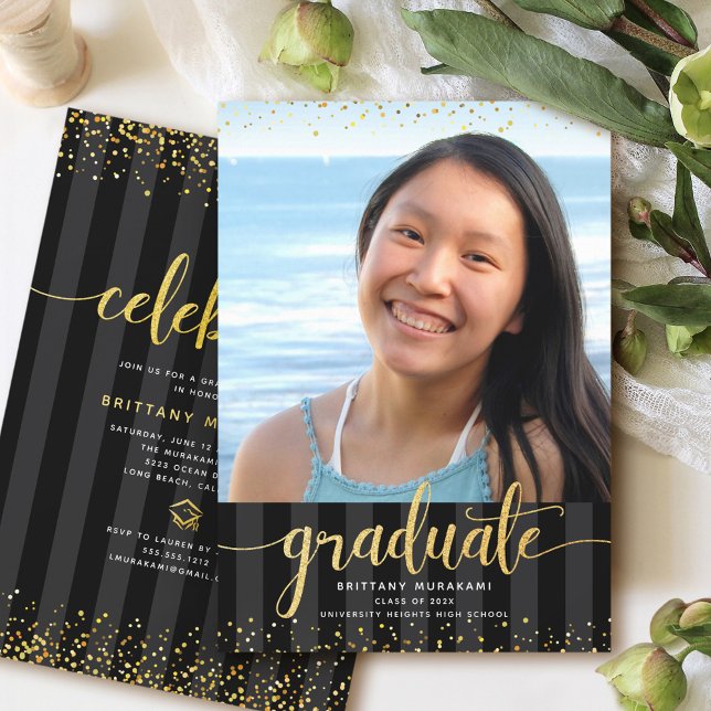 Black gold glitter graduation photo modern script invitation (Creator Uploaded)